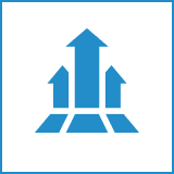Blue icon of three upward arrows symbolizing growth or progress.