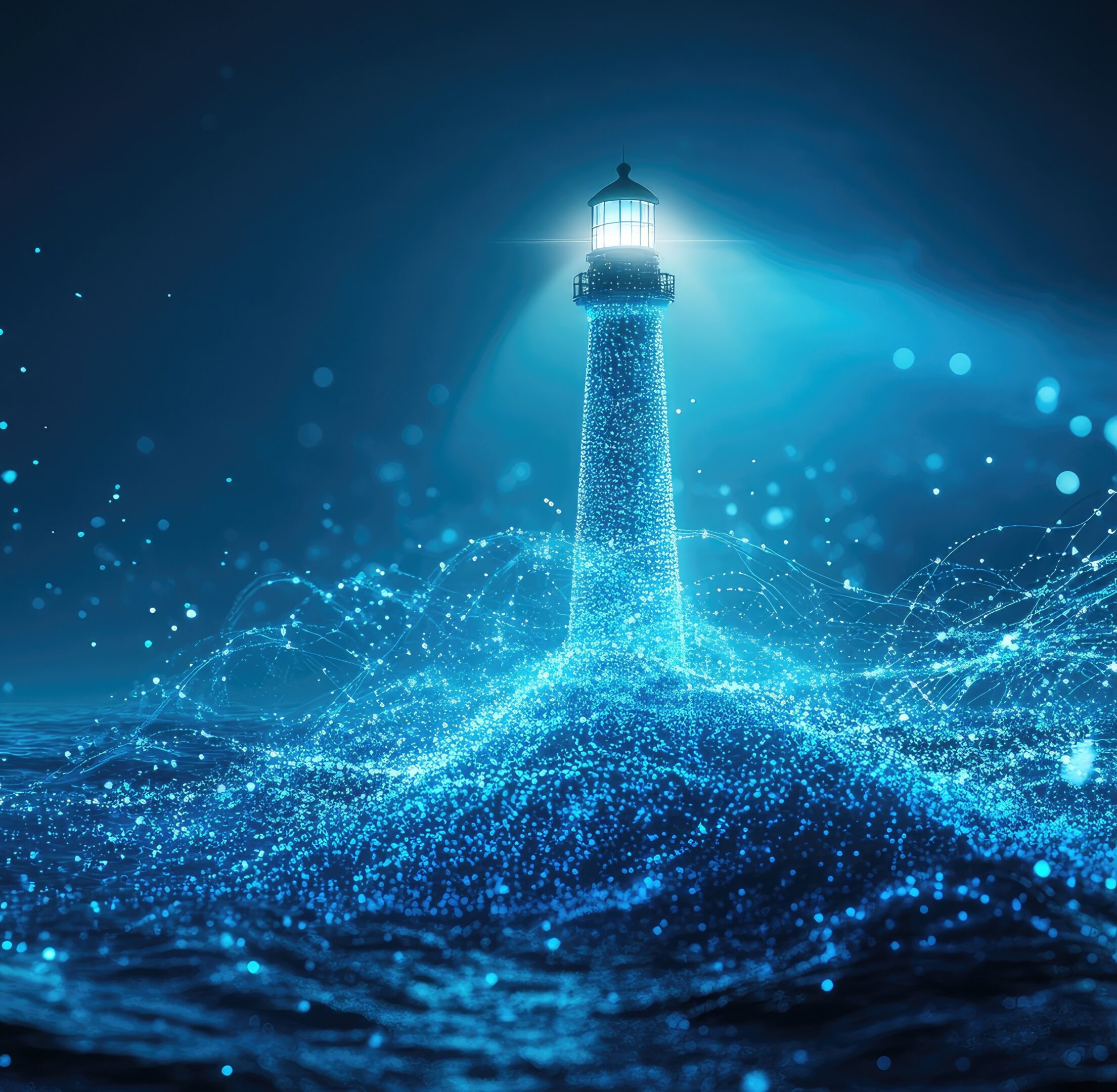 A glowing lighthouse emitting light over a digital ocean of blue particles.