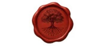 A red wax seal with a tree and roots design.
