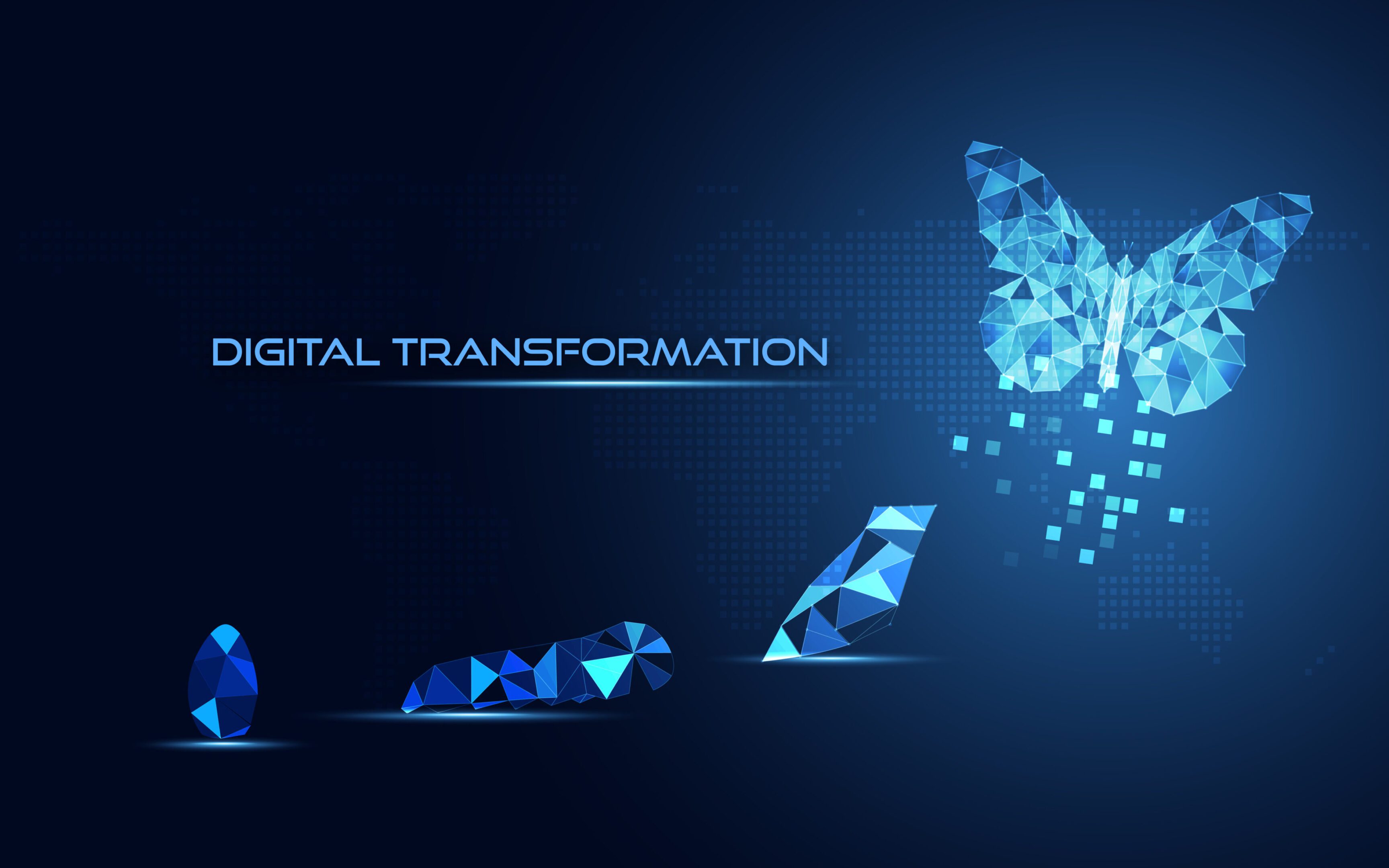 Digital transformation symbolized by a butterfly emerging from pixels.