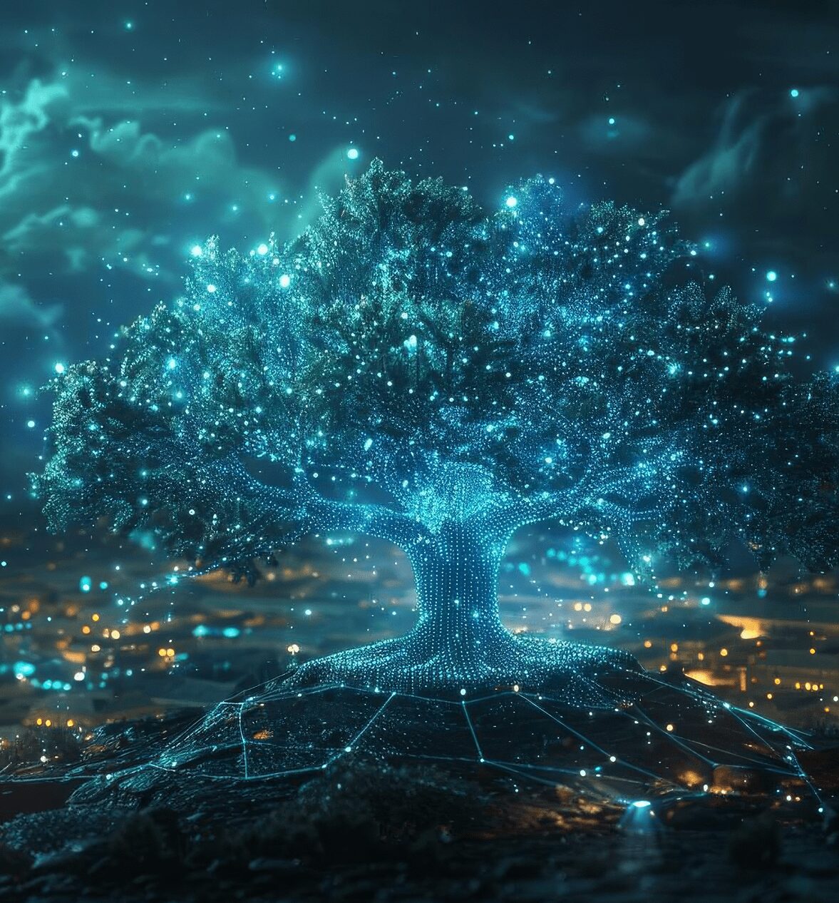 A glowing digital tree made of light particles against a dark background.