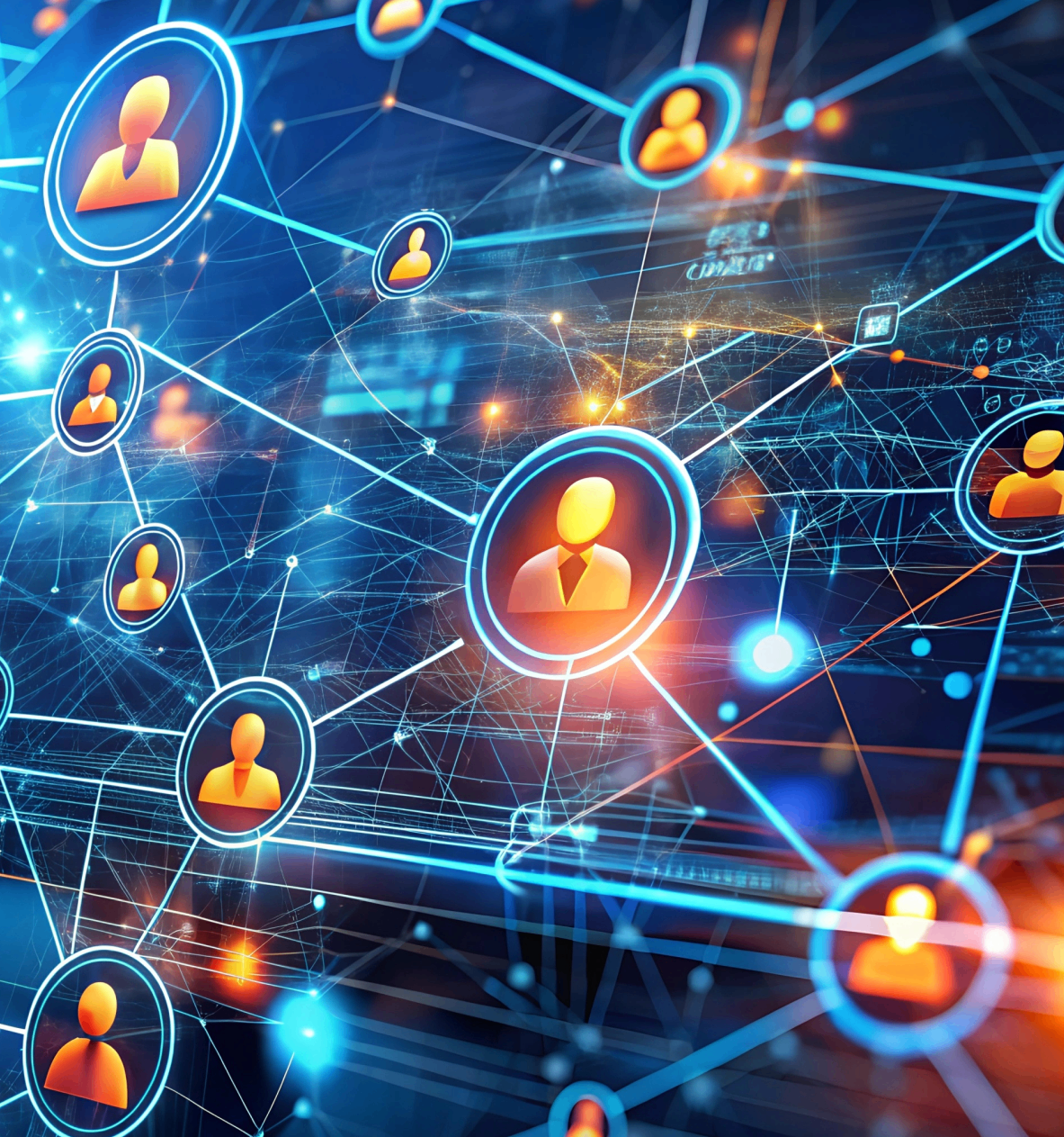 Digital network connecting user icons with data streams and security locks.