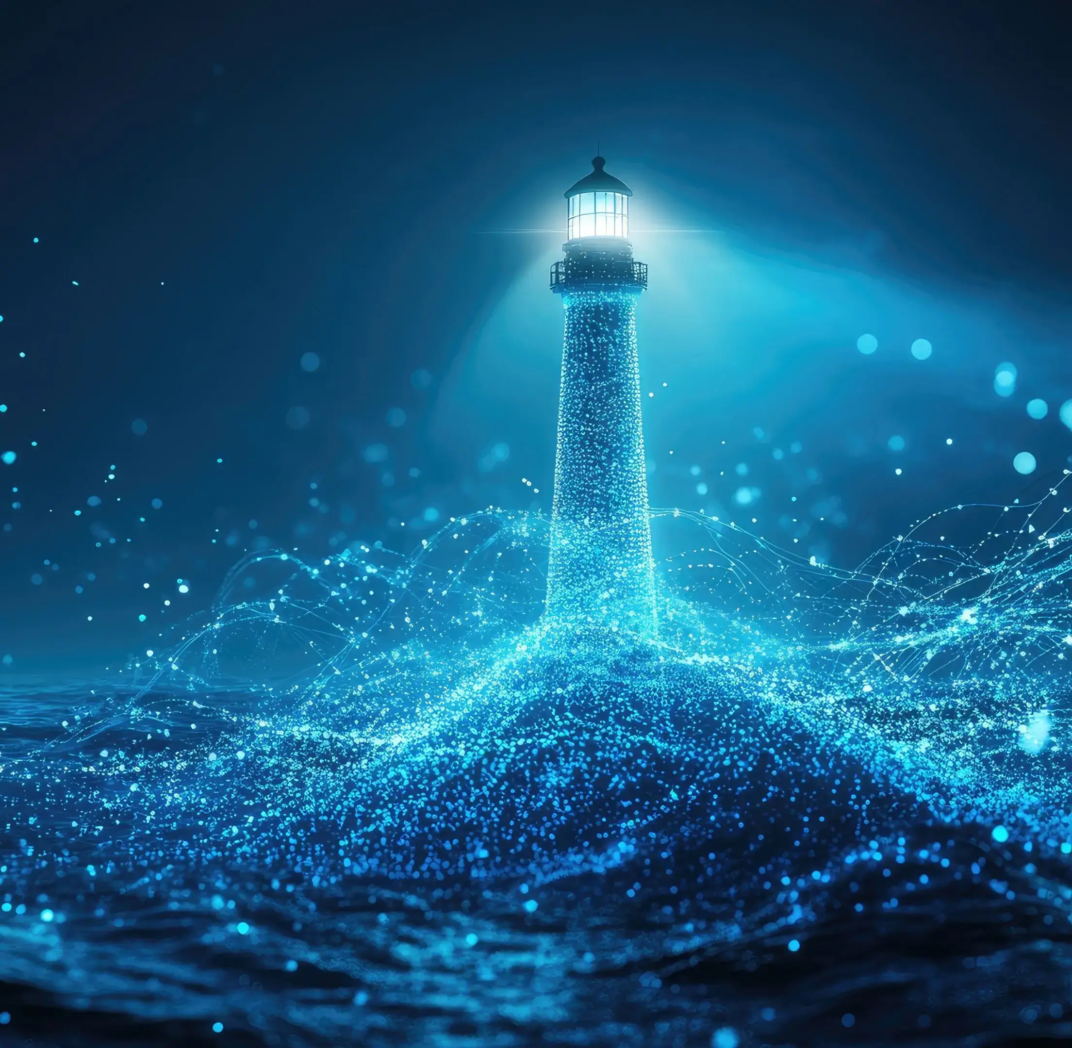 A glowing lighthouse emitting light over a digital ocean of blue particles.