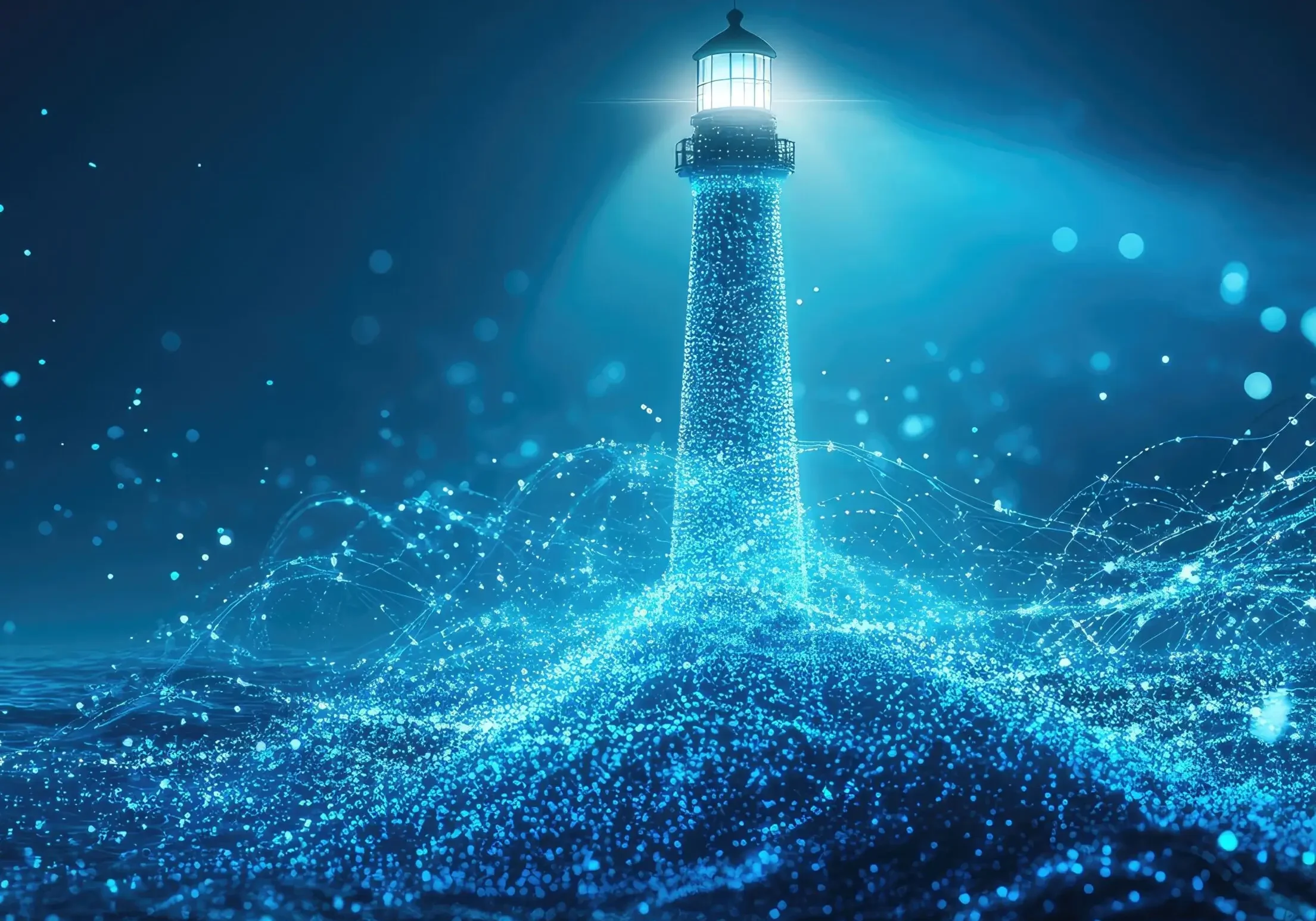 A glowing lighthouse emitting light over a digital ocean of blue particles.