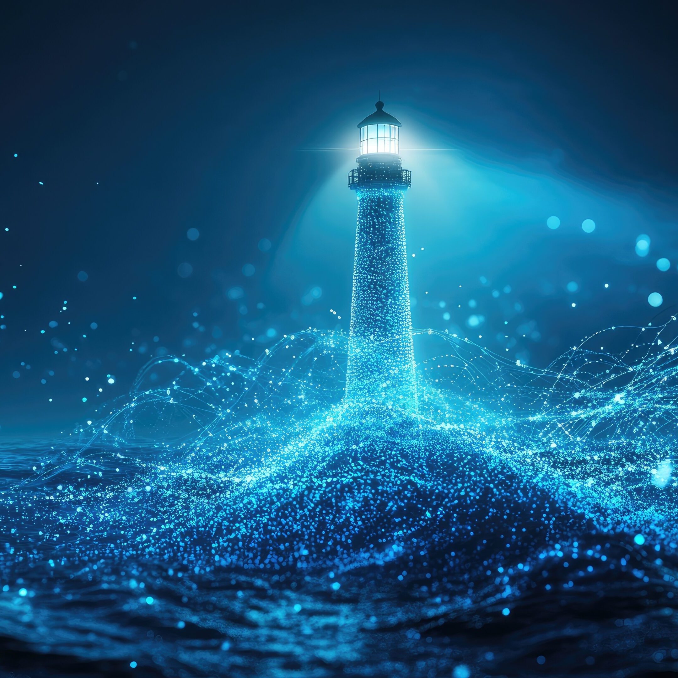 A glowing lighthouse emitting light over a digital ocean of blue particles.