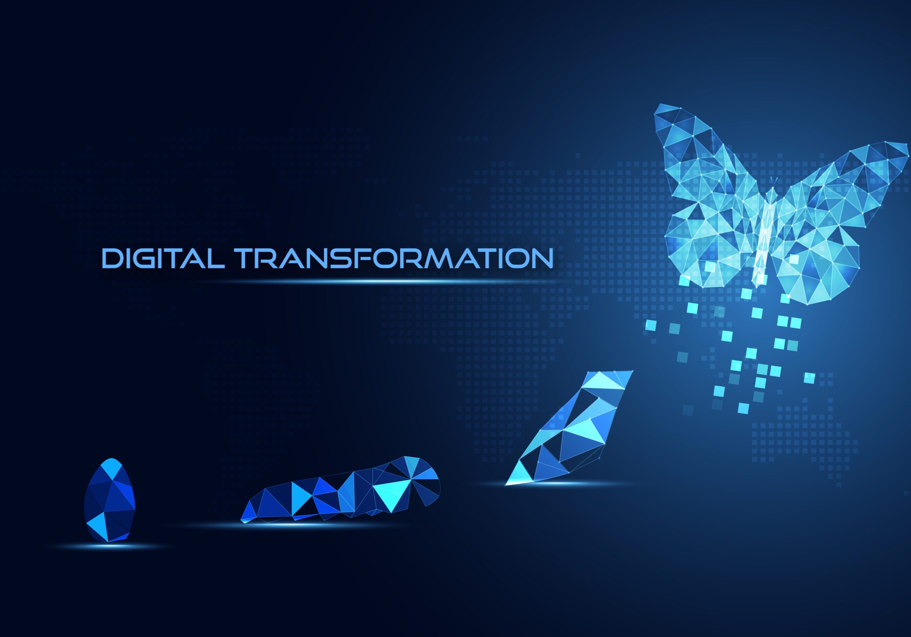 Digital transformation symbolized by a butterfly emerging from pixels.